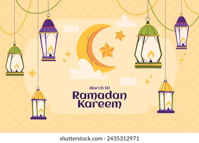 Ramadan Celebration. Ramadan background. March 10. Vector illustration design Template for Poster, Banner, Flyer, Card, Post, Cover, Postcard. Ramadan Kareem. Ramadan Mubarak. Islamic greeting.