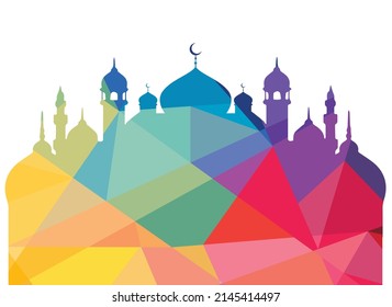Ramadan celebration banner designed with cute mosque building model set on pedestal and elegant Arabic calligraphy Eid Mubarak, meaning happy holiday, 3d illustration
