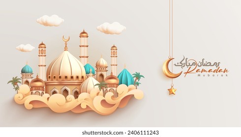 Ramadan-Fest-Banner mit Moschee und eleganter arabischer Kalligrafie Ramadan Mubarak, 3D-Vektorgrafik