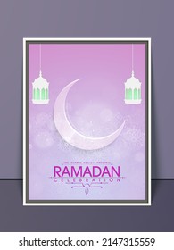 Ramadan Celebration Flyer With Glossy Crescent Moon, Lanterns Hang And Mandala Pattern On Gradient Violet Background.