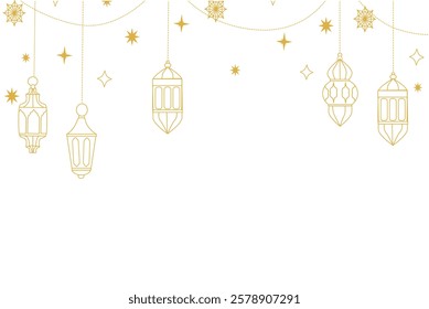 Ramadan celebration with golden arabic lanterns and stars design for festive greeting cards.