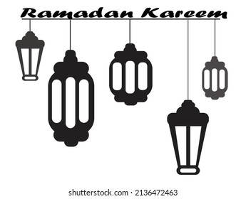 ramadan celebration logo design with moon, stars, mosque minaret lanterns on black and white background