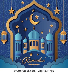 Ramadan celebration with mosque and lanterns in a decorative frame against blue background