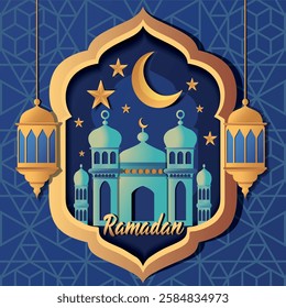 Ramadan celebration with mosque and lanterns in a decorative frame against blue background