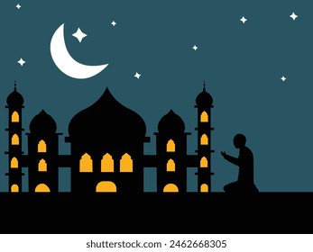 Ramadan celebration, Muslim people celebrate Eid al-Fitr, Ramadan Eid Mubarak. flat vector illustration.