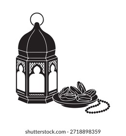 Celebración de Ramadán con una ilustración tradicional de fechas de linterna y cuentas de oración