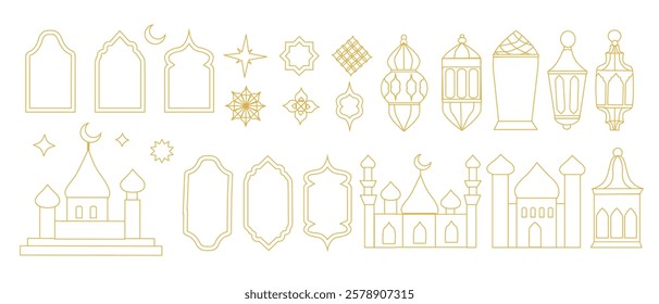 Ramadan celebration vector set with arabic design elements for festive decorations. Line art simple design.