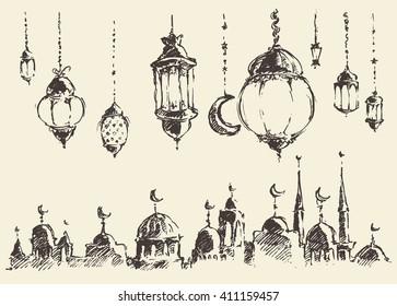 Ramadan celebration vintage engraved illustration, hand drawn