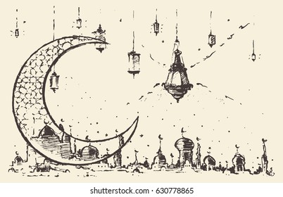 Ramadan celebration vintage engraved illustration, hand drawn