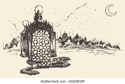 Ramadan celebration vintage engraved illustration, hand drawn