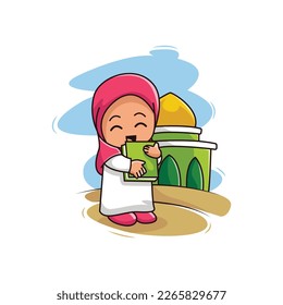 ramadan character logo illustration, cute girl character holding holy book with mosque beground.