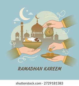 Ramadan charity vector: hands giving food and zakat. Islamic generosity concept with mosque silhouette, crescent moon, and soft gradients. Emotional flat design for the holy month.