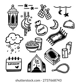 Ramadan clipart vector set featuring Islamic elements such as mosque, lantern, crescent moon, prayer mat and Quran. Hand drawn doodle illustration.