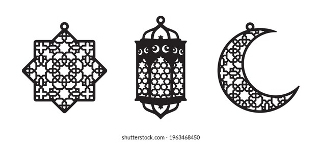 Ramadan Cnc Decoration. Laser Cutting Lantern, Moon,crescent, Star Vector Template For Laser Cut.