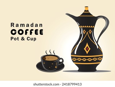 Ramadan Coffe pot and cup. Arabic food. Black teapot with cup of a tea.Arabic coffee set isolate background. Coffee pot vector illustration.