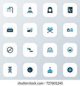 Ramadan Colorful Icons Set. Collection Of Koran, Mussulmans, Hijab And Other Elements. Also Includes Symbols Such As Mussulmans, Ketupat, National.