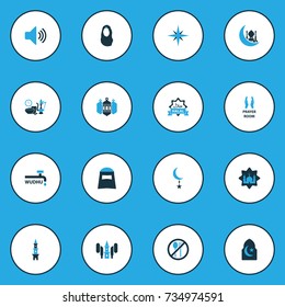 Ramadan Colorful Icons Set. Collection Of Meal Eaten, Moon, Pray And Other Elements. Also Includes Symbols Such As Adhaan, Religion, Headscarf.