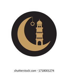 concepto ramadan, icono de luna creciente y torre de mezquita sobre fondo blanco, estilo de línea de bloque, ilustración vectorial