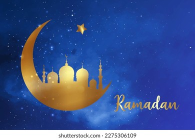 Concepto de Ramadán en forma de luna creciente con mezquita islámica árabe para la celebración del Mes Santo del Festival de la Comunidad Musulmana, silueta de oro vectorial aislada en el fondo del cielo estrellado azul 