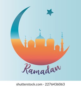 Ramadan-Konzept in Halbmondform mit arabischer islamischer Moschee für die Feier des Heiligen Mondes der Muslimischen Gemeinschaft, Vektorfarbige Silhouette einzeln auf blauem Hintergrund 
