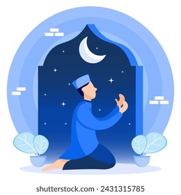 Ramadan concept flat vector illustration. Happy Muslims celebrating the Holy Month of Ramadan, rejoicing in activities.