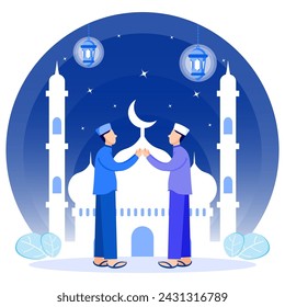 Ramadan concept flat vector illustration. Happy Muslims celebrating the Holy Month of Ramadan, rejoicing in activities.