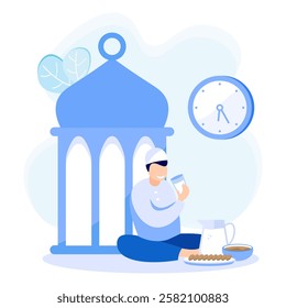 Ramadan concept flat vector illustration. Happy Muslims celebrating the Holy Month of Ramadan, rejoicing in activities.