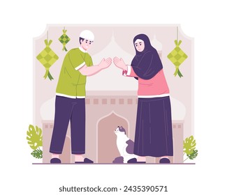 Ramadan concept illustration. Happy Muslim people celebrate the Holy Month of Ramadan, Eid Mubarak greeting. Vector Illustration