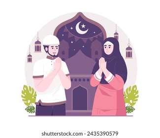 Ramadan concept illustration. Happy Muslim people celebrate the Holy Month of Ramadan, Eid Mubarak greeting. Vector Illustration