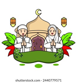 Ramadan concept illustration. Happy Muslim people celebrate Holy Month Ramadan, Eid Mubarak greeting