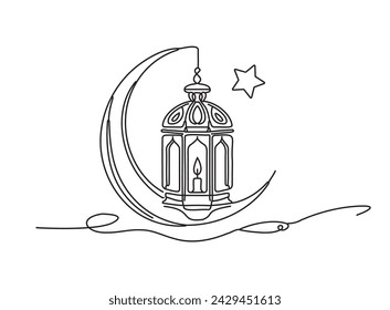 Linterna de ramadán de dibujo de línea continua de ramadán con clipart vector de arte de línea creciente para el diseño de la celebración del mes sagrado