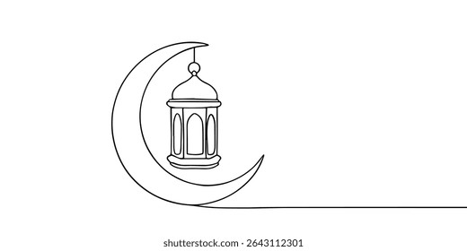 Ramadán línea continua que dibuja la linterna del ramadán con el Clipart del Vector del arte de la línea de la media luna para el diseño de la celebración del mes sagrado