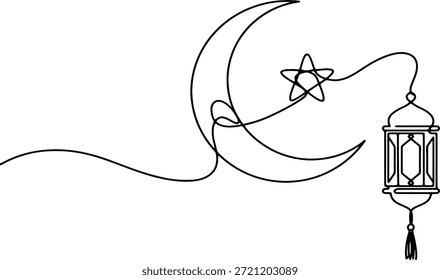 Dibujo de línea continua de Ramadán - Luna creciente minimalista y Arte vectorial de linterna