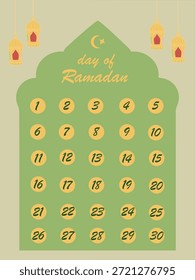 Cartel del calendario de cuenta regresiva de Ramadán con linternas islámicas decorativas y diseño de luna creciente. Lindo gráfico de planificación de Ramadán verde y amarillo que muestra 30 días de ayuno, perfecto para niños, familias, aulas y actividades de Ramadán. Ilustración festiva de fiesta islámica para la celebración del Ramadán Kareem