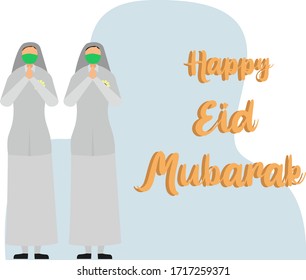 Ramadán Covid-19 concepto vectorial con dos mujeres musulmanas usando máscaras y pañuelos en la cabeza mientras hacen gesto de mano Lebaran en el fondo blanco con texto "Feliz Eid Mubarak" y tonos azules
