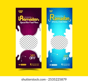 Ramadan creative roll up banner delicious iftar food menu social media poster template design
