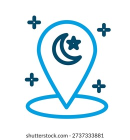 Ramadan crescent location marker outline icon representing Islamic navigation symbol, Muslim holy place indicator and spiritual festival mapping element