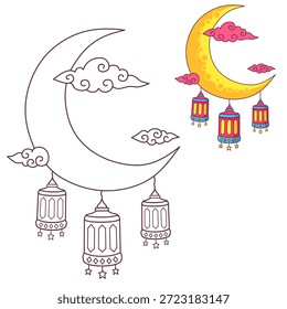 Página de coloração da lua crescente do Ramadã com lanterna e nuvens decorativas