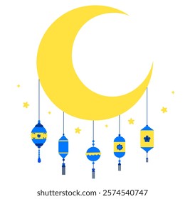 ramadan crescent moon with decorative lanterns flat vector illustration