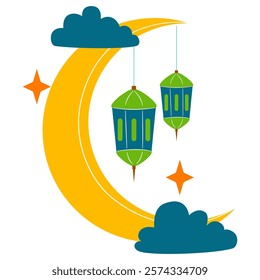 Ramadan Crescent Moon with Hanging Lantern. Cartoon Style Crescent Moon with Lantern