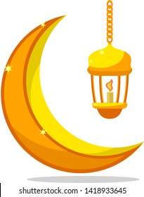 Ramadan Crescent moon and lantern on a white.