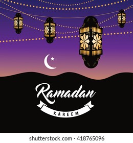 Ramadan crescent moon and lanterns design. EPS 10 vector.