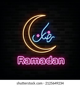 ramadan with crescent moon neon sign