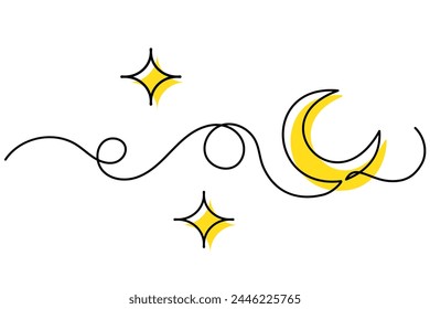 Ramadan crescent moon сontinuous one line drawing with stars. Ramadan Islamic holiday element. Simple crescent moon and star Muslim line art vector isolated illustration. Editable stroke