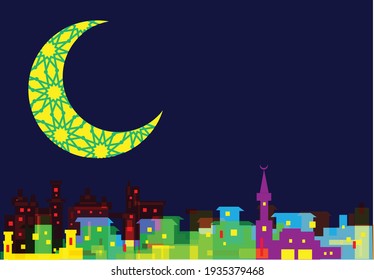 Ein ramadanischer Halbmond über einer künstlerischen Stadtlandschaft. Bearbeitbare Clipkunst. 