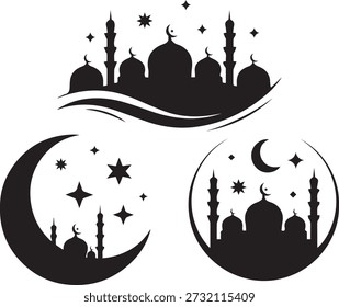 Lua Crescente do Ramadã com Silhueta da Noite da Mesquita