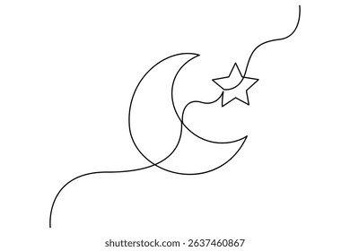 Ramadan crescent moon and star continuous line art vector on white background
