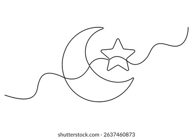 Ramadan crescent moon and star continuous line art vector on white background
