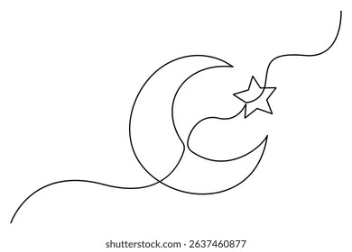 Ramadan crescent moon and star continuous line art vector on white background
