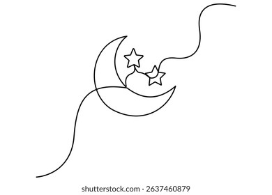 Ramadan crescent moon and star continuous line art vector on white background
